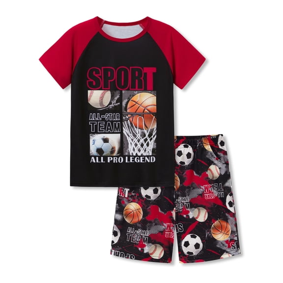 Beezizac Boys Summer Pajama Set, 2-Piece Sports Balls PJs‌ - Short Sleeves & Shorts Soft Sleepwear Size 10