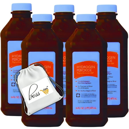 (5) Hydrogen Peroxide Topical Antiseptic Solution, 16oz Bottle Multipurpose Cleaning First Aid Disinfecting Agent Home Office Household Use & CUSTOM Storage Carrier