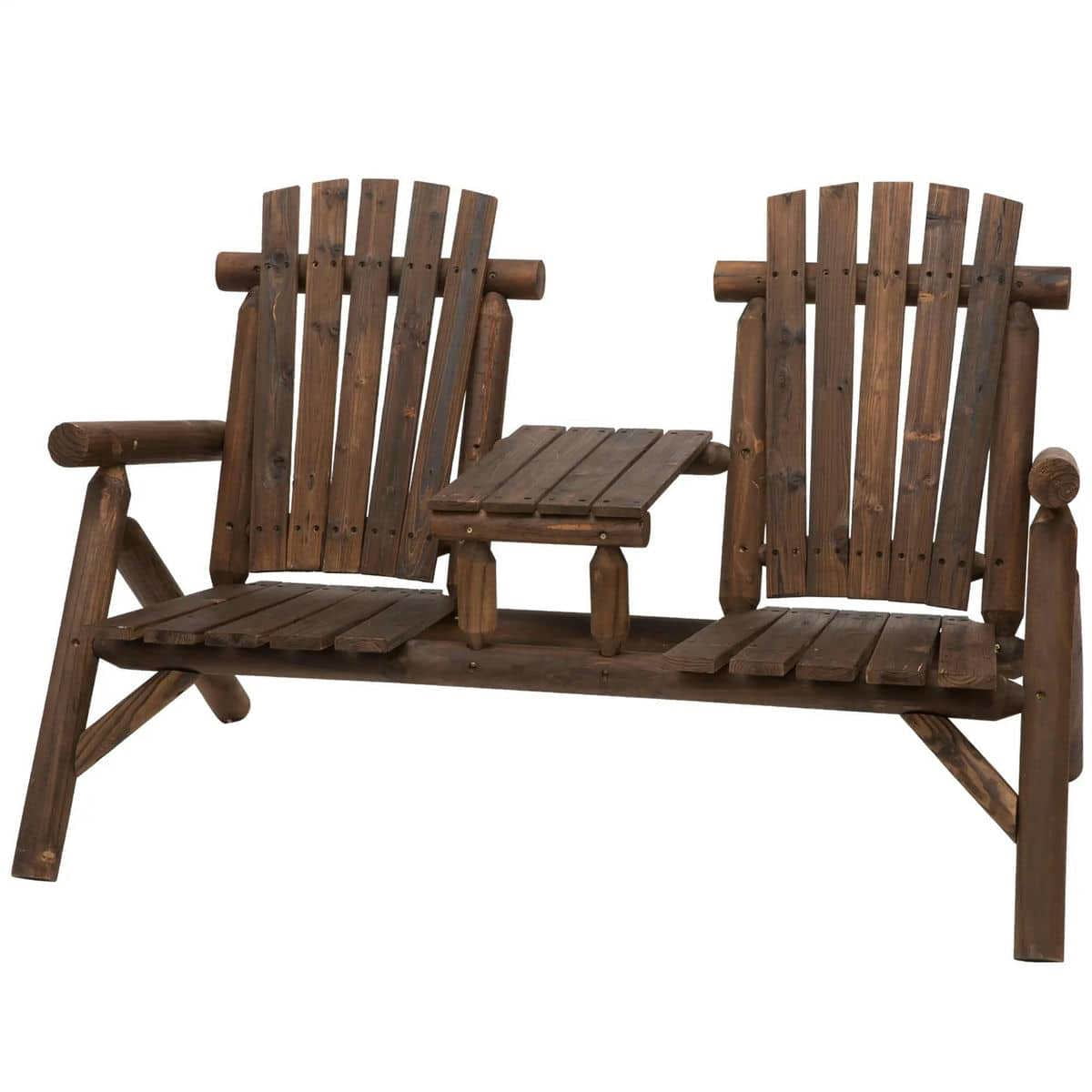 Spaco 2-Seat Wooden Adirondack Chair, Patio Bench with Table, Loveseat Fire Pit Chair for Outdoor, Brown