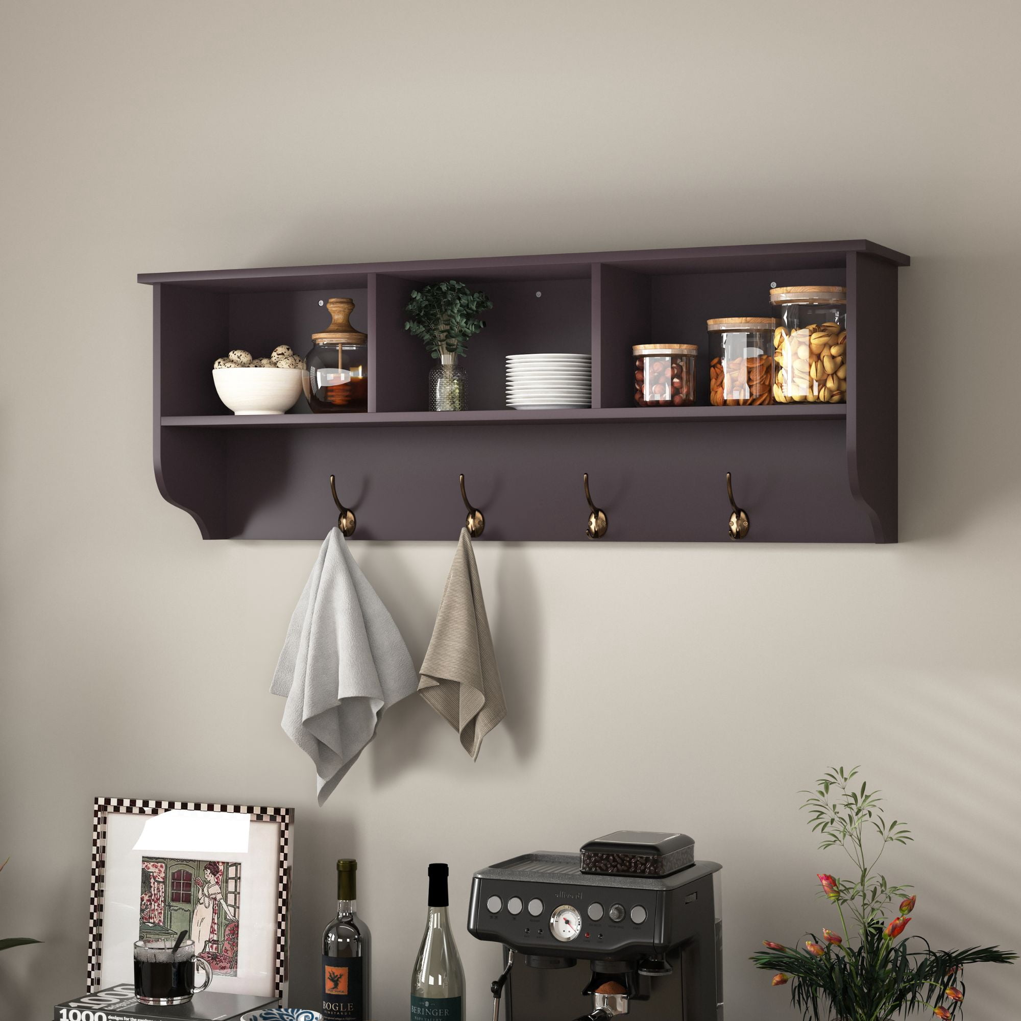 Noble House Wall Mounted Entryway Coat Rack with Storage Shelf and 4 Dual Hooks, MDF Wood, Espresso