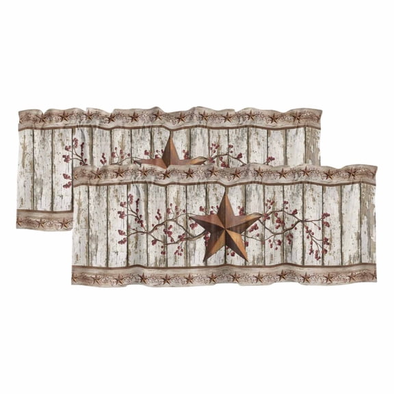 2 Pack Valances for Windows, Texas Star Grey Wooden Window Valances for Living Room/Bedroom/Bathroom, Farmhouse Berry Countryside Light Filtering Kitchen Curtain Valance Window Treatment 42"W x18" L