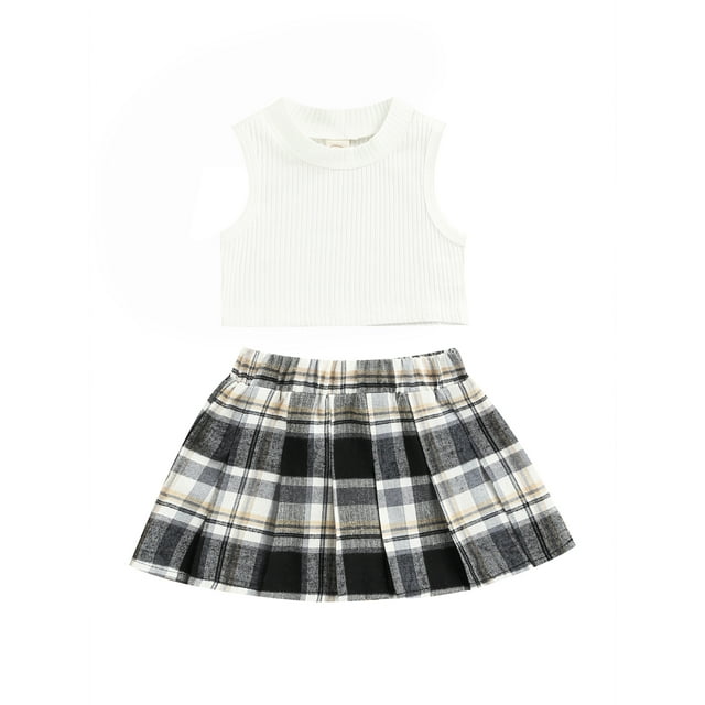 Faithtur Toddler Girl Fashion Outfits Set, Solid Color Ribbed Sleeveless Tank Tops + Elastic Waist Contrast Color Plaid Pleated Skirt