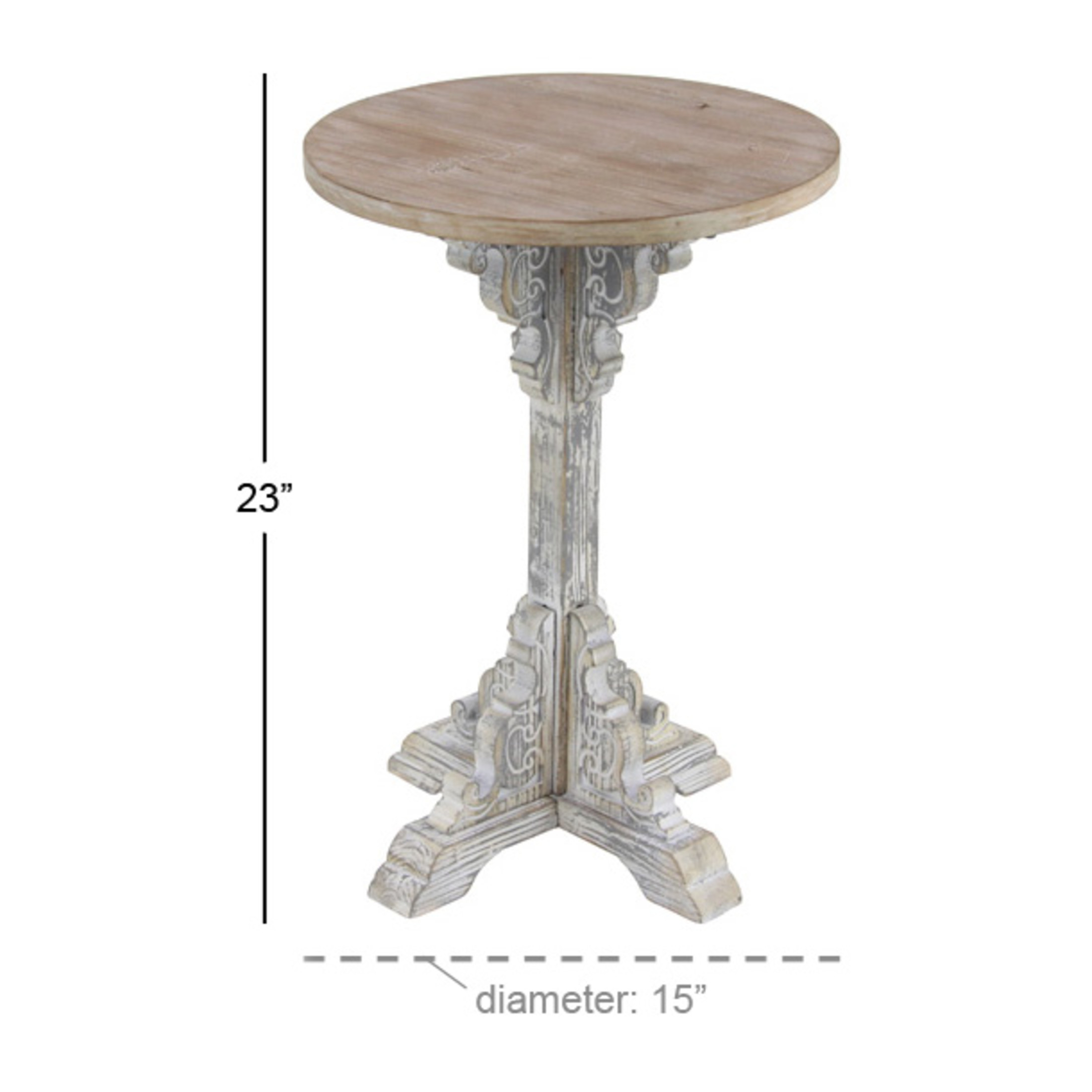 DecMode Farmhouse Wood Round Accent Table with Carved Floral Leg Stand and Brown/White Distressed Finish, 15"W x 23"H