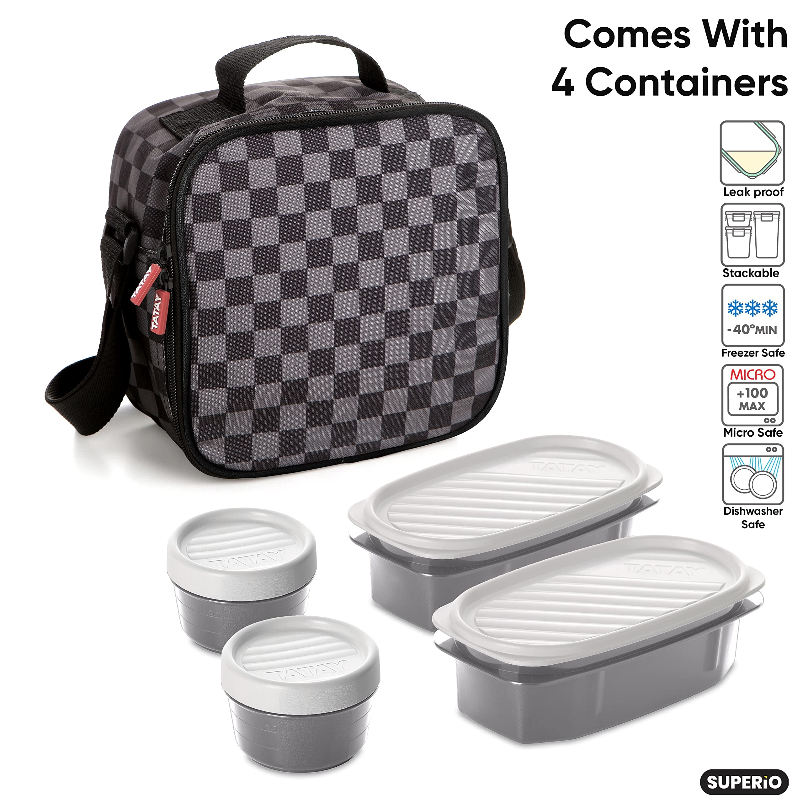 Insulated Lunch Bag with Containers, Thermal Lined Lunch Box, Reusable Leak Proof Containers for Work, Travel, and Beach, Grey Checked Small Lunch Bag with Adjustable Strap, Easy to Clean