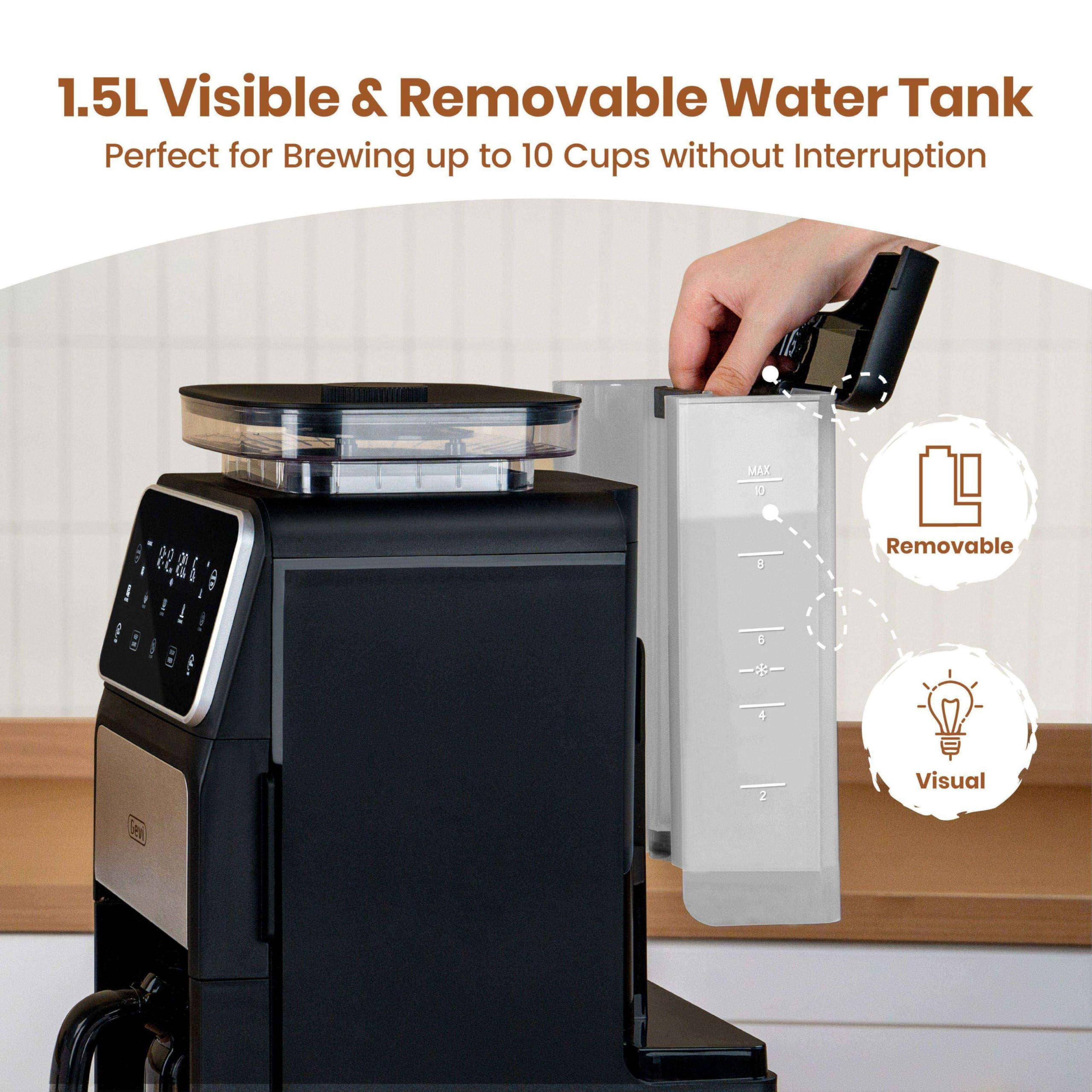 Gevi 10 Cup Drip Coffee Maker With Built-in Burr Grinder Programmable Touch Screen 4 Hour Keep Warm Permanent Filter Home Office