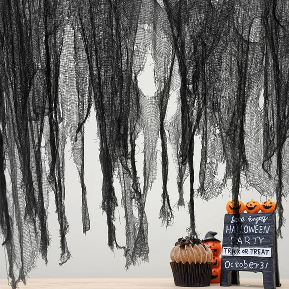 EBAOKUUP 500 x 59 Inch Halloween Spooky Cloth, Black Large Size Halloween Scary Creepy Cloth, Windows Doorways Cover Gauze for Haunted House Yard Horror Themed Party Decorations