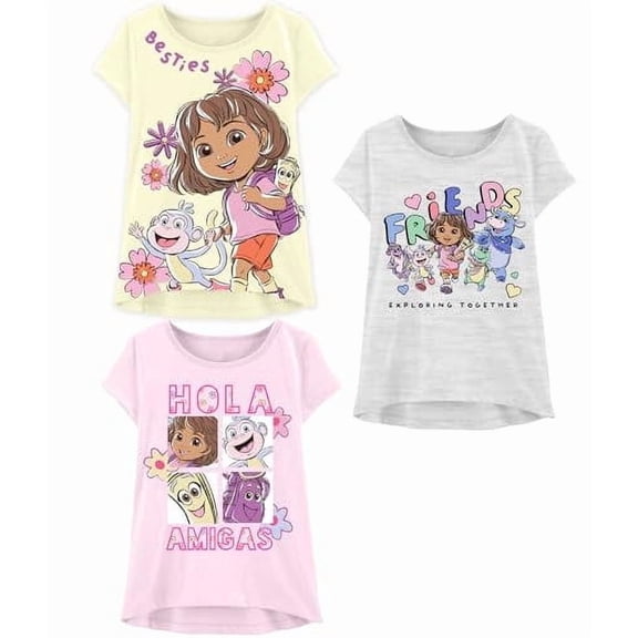 Nickelodeon Dora The Explorer T-Shirt for Girls, Kids Short Sleeve Shirt, Yellow/Gray/Pink, 3 Pack