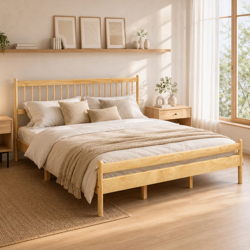 King Size Traditional Style Low Profile Platform Bed with Headboard and Footboard, Wood Bed Frame with Rounded Bedpost