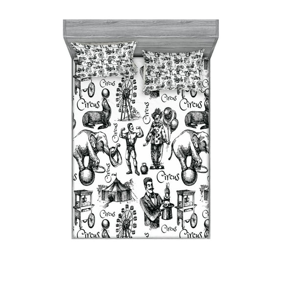 Ambesonne Modern Fitted Sheet & Pillow Sham Set, Circus Magician Theme, Full, Black and White