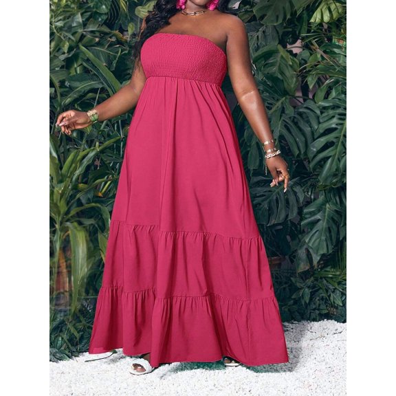 Hot Pink Strapless Tiered Maxi Dress For Women Casual Summer Vacation Long Flowy Plus Size Dress