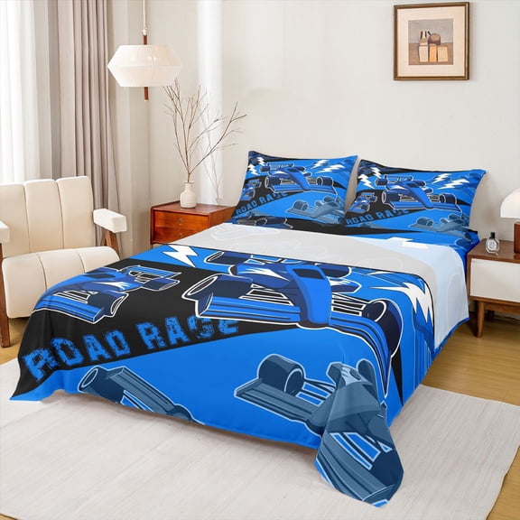 jejeloiu Extreme Sport Game Twin Sheet Sets,Blue Racing Car Bedding For Speed Lover 3 Pieces