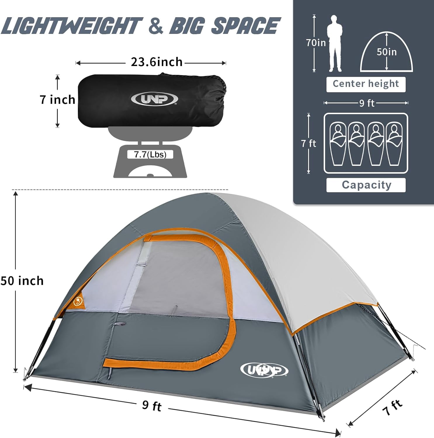 UNP Camping Tent 4 Person, Waterproof Windproof Tent with Rainfly Easy Set up-Portable Dome Tents for Camping