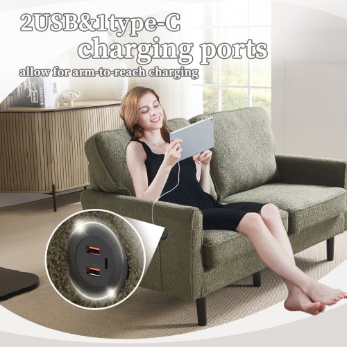 MOONMISS Mid Century Modern Loveseat,with USB & Demountable Pillow Cover for Living Room Bedroom,Green