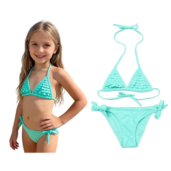 Tween Girl Swimsuit Backless Halter 2 Piece Swimwear with Solid Color Bathing Suit Girls 13-14 Years