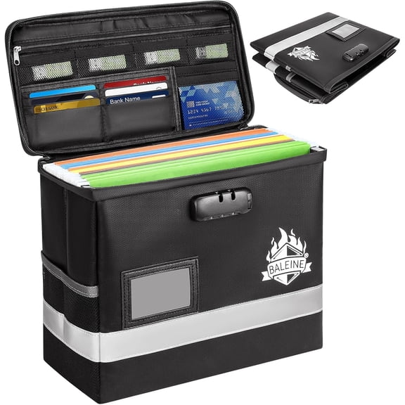 Fireproof Document Box with Lock, Portable Bag Waterproof Fire Proof File Boxes for Documents, Organizer Important Paperwork (Black, 12.5''x10.5''x6'')