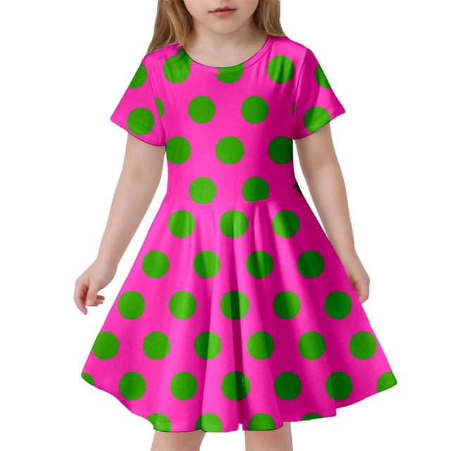 Robes de Printemps pour Filles Robe d'Été à Pois Ajustée Douce Respirante à Manches Courtes Décontractée Robe Ado Fille Rose Vif 6 Ans-7 Ans