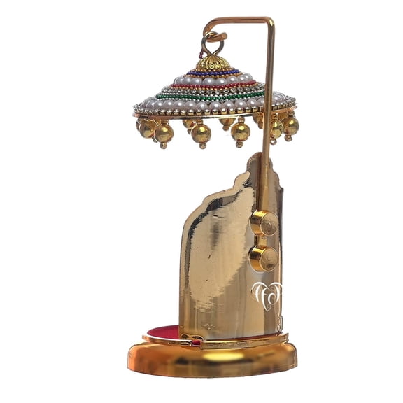 Diamond Studded Umbrella Chhatra with Golden Hangings for God Idol, Car Dashboard/Office Desk/Table/Home Decor Showpiece, Chatri Aasan for Murti, Ideal Gift Item