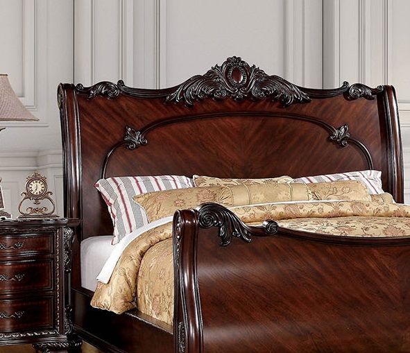 Formal Traditional Elegant Carved Sleigh Bed Brown Cherry Solid wood Queen Size Bed Bedroom Furniture 1pc Bed Intricate Carving - image 4 of 5