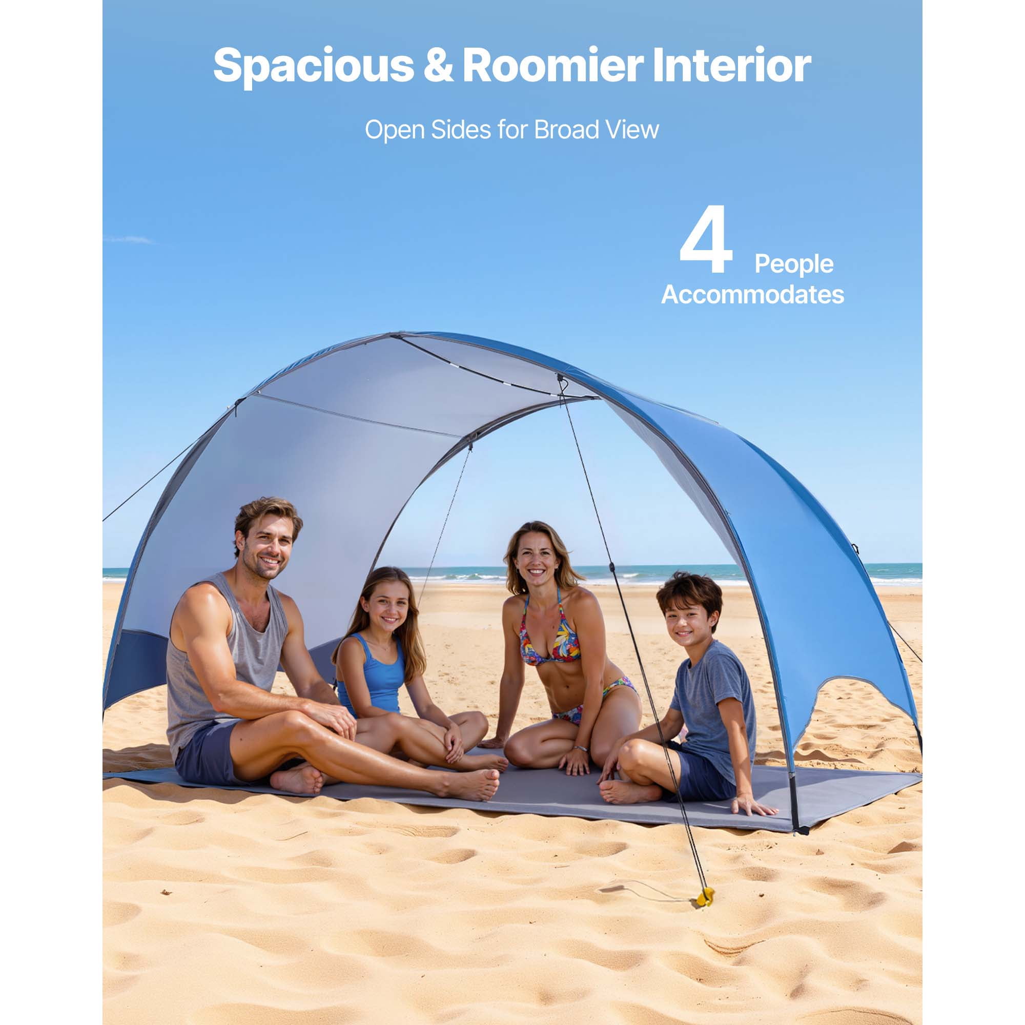 KFFKFF Beach Tent Sun Shelter for 4 People, UPF 50+ Protection, Portable Sun Shade Canopy with Carry Bag & Ground Stakes, Lightweight and Simple Setup for Camping, Fishing, Outdoor Picnics