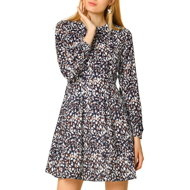 INSPIRE CHIC Robe Léopard Évasée à Coupe Plissée pour Femme Bleu Marine TG (US 18)