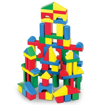Melissa & Doug Wooden Building Blocks Set - 100 Blocks in 4 Colors and 9 Shapes