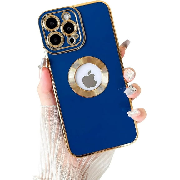 Compatible with iPhone 14 Pro Case for Women, Cute Luxury Plating Cutout Visible Logo Full Camera Lens Protection TPU Shockproof Cover iPhone 14 Pro Phone Case 6.1" - Navy Blue