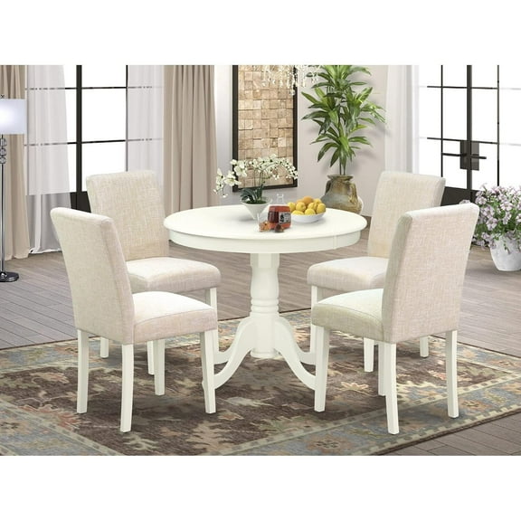 HomeStock 5 Piece Dining Table Set for 4 Includes a Round Kitchen Table with Pedestal and 4 Light Beige Linen Fabric Upholstered Chairs, 36x36 Inch,Linen White