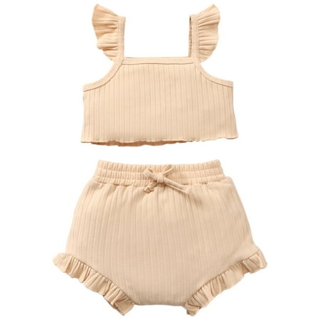 

BSDHBS Girls Clothing Sets Girls Spring and Autumn Korean Style Sleeveless Suspenders Flying Sleeve Top Solid Color Shorts Two Piece Set