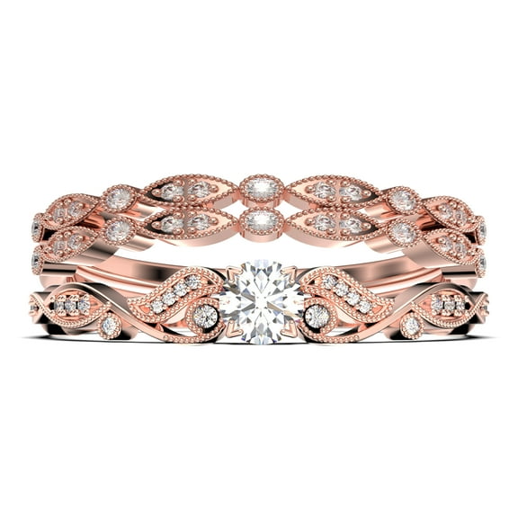 Vintage Look Boho & hippie 1.75 Carat Round Cut Diamond Moissanite Engagement Ring, Wedding Ring in 925 Sterling Silver With 18k Rose Gold Plating, Promise, Trio Set, Matching Band