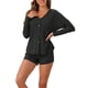 thumbnail image 1 of Conjunto de pijama de waffle para mujer INSPIRE CHIC, conjunto de lounge de punto, blusa de manga larga con botones y pantalones cortos a juego, XS negro, 1 of 5