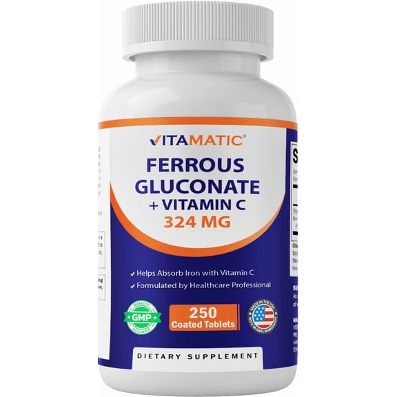 Vitamatic Ferrous Gluconate 324 mg   Vitamin C 100 mg - (65 mg Elemental Iron) High Potency Iron Supplement - No Artificial Color Additives - Gentle on Stomach - 250 Tablets - Made in USA