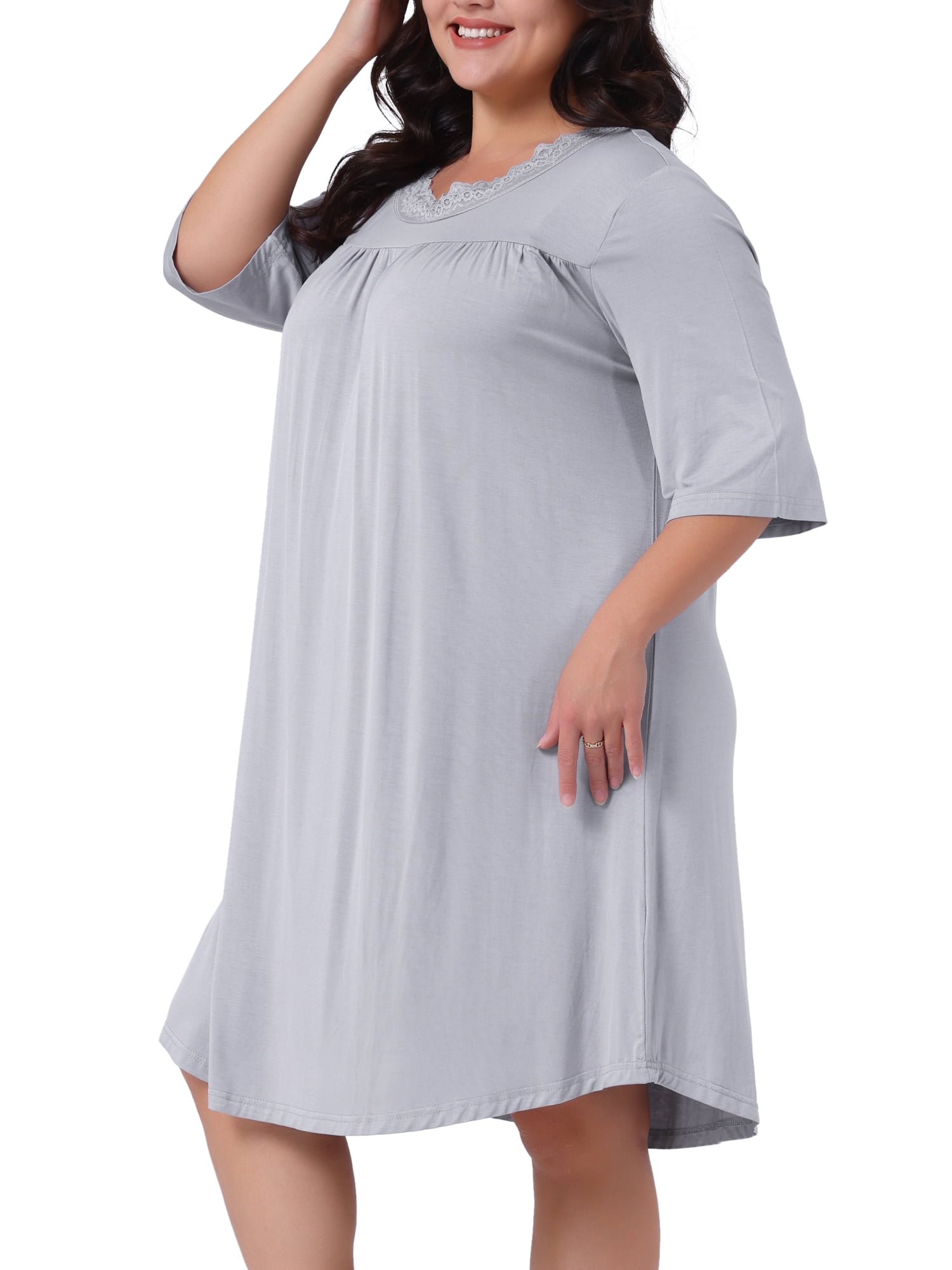 DARING DIVA Women's Plus Size 3/4 Sleeve Lace Crew Neck Comfy Nightgown 1X Light Gray
