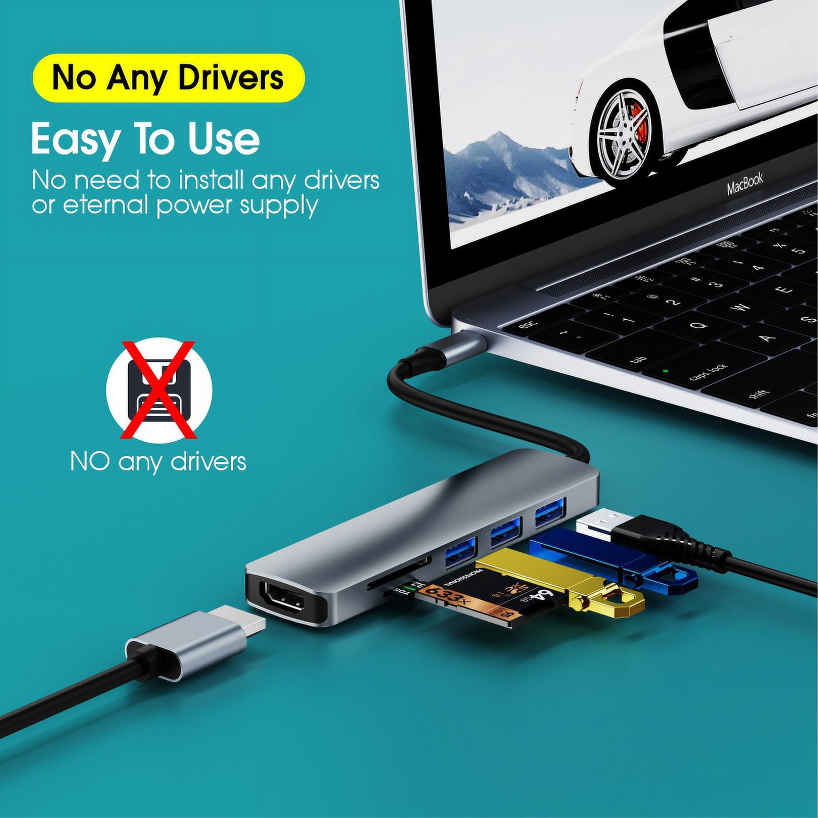 DOONJIEY  USB C Hub 6 in 1 USB Hub 3.0 Multi Port Adapter Card Reader 4K HDTV USB Hub Station for Laptop