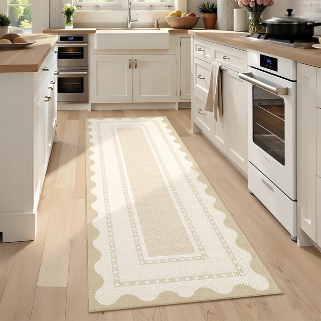 Gaderth 2x6 Washable Runner Rug For Living Room, Scalloped Border Non Slip Rug, Stain Resistant Low Pile Soft Indoor Carpet For Bedroom Nursery Dining Room Entryway Home Office