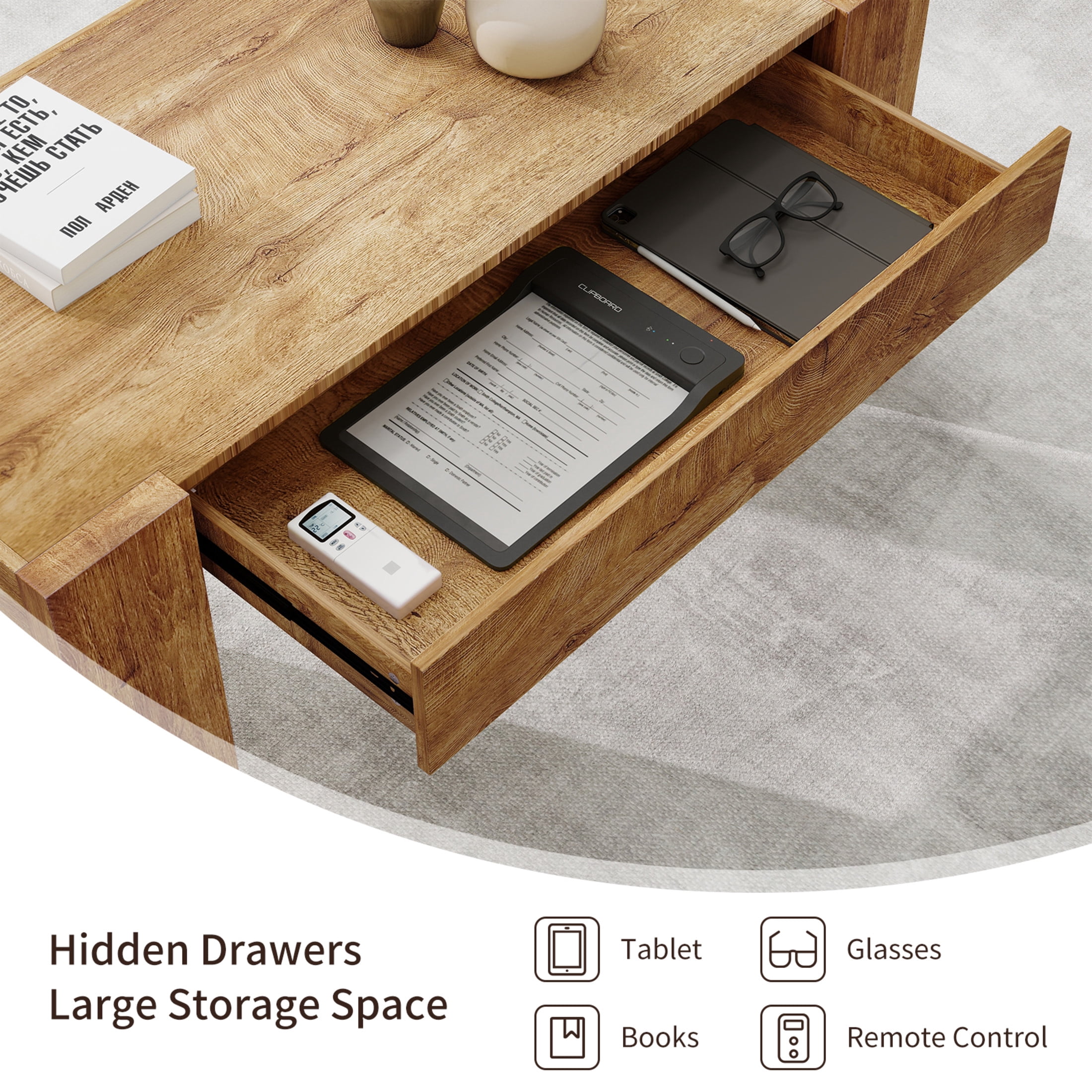 Noble House 48" Farmhouse Living Room Coffee Table, Rectangle Wooden Center Table with Hidden Storage, Natural