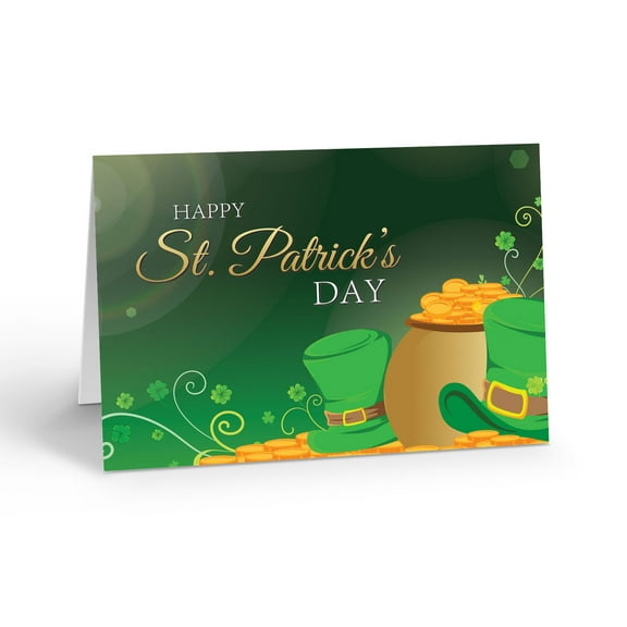 Pot of Gold and Leprechaun Hats Happy St. Patrick's Day Greeting Card - 12 Cards