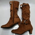 thumbnail image 4 of Wide Calf Boots for Women Slouchy Suede Kitten Heel Dress Mid Calf Booties Side Zipper Buckle Strap Fall Long Boots Brown Size 8.5, 4 of 7
