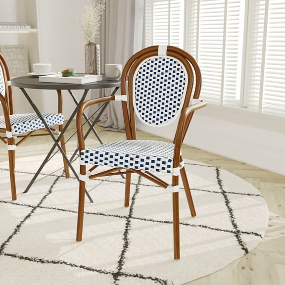 Emma   Oliver Indoor/Outdoor Stacking Thonet Bistro Style Chair with Arms, White & Navy PE Rattan Seat and Natural Bamboo Finished Metal Frame