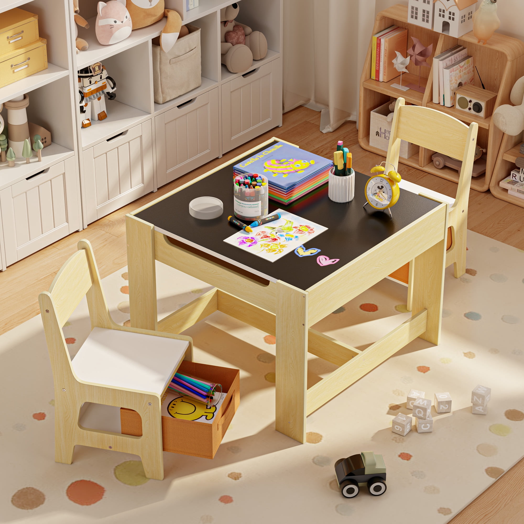 Kids Table and Chairs, Noelse Toddler Table with Storage, 3 in 1 Kids Craft Dinner Table Set for Eating, Drawing and Reading in Kids Playroom, Natural