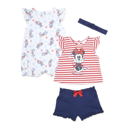 

Disney Minnie Mouse Baby Girls Romper Top Shorts & Headband 4-Piece Outfit Set 0/3-24 Months