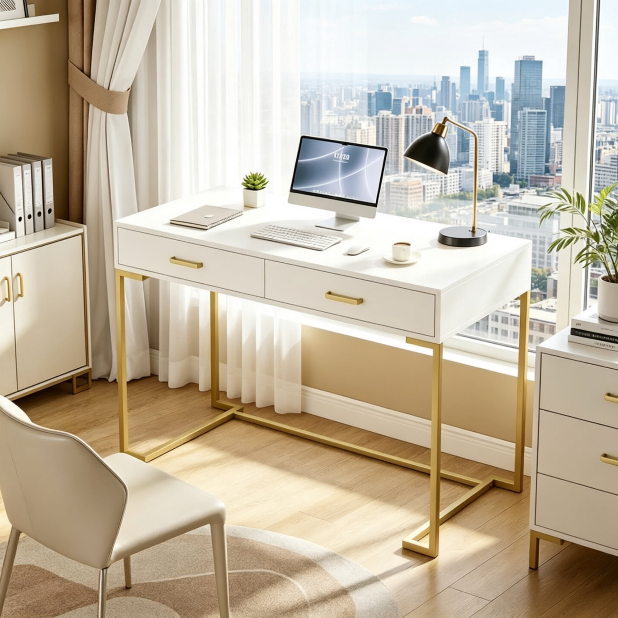 39" Wooden Computer Desk with Drawers, Modern Writing & Study Desk