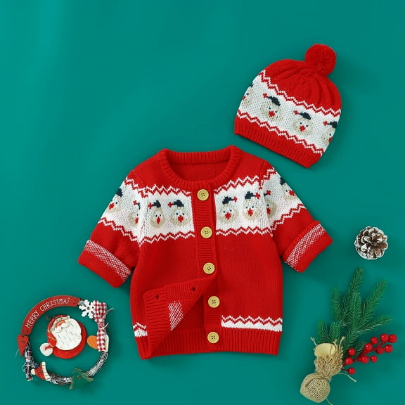 Christmas Baby Sweater Hat Two-piece Knitted Newborn Cardigan Cute Cartoon Elk Infant Xmas Clothing Set Long Sleeve Winter