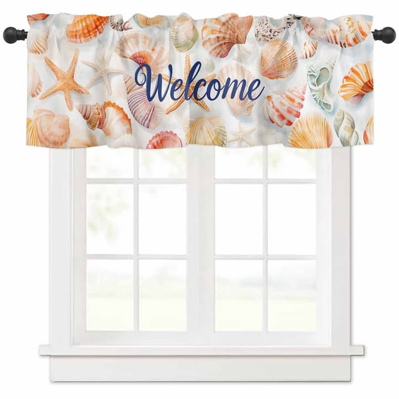 Hokiten Rod Pocket Curtain Valance, Red Orange Shell Coastal Farmhouse Window Valance for Living Room, Bedroom, Kitchen Summer Beach Starfish Ocean 42"W x 12"L