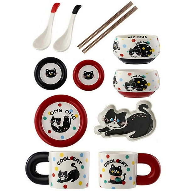 Cute Cat Ceramic Tableware Set - Wedding Gift for Couples, Stylish Bowls, Plates & Cups, Dinnerware Set for Cat Lovers