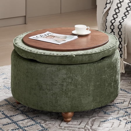 24Inch Round Storage Ottoman with Tray Modern Tufted Circle Coffee Table with Storage Upholstered Ottoman with Removable Top for Living Room Bedroom Chenille Green