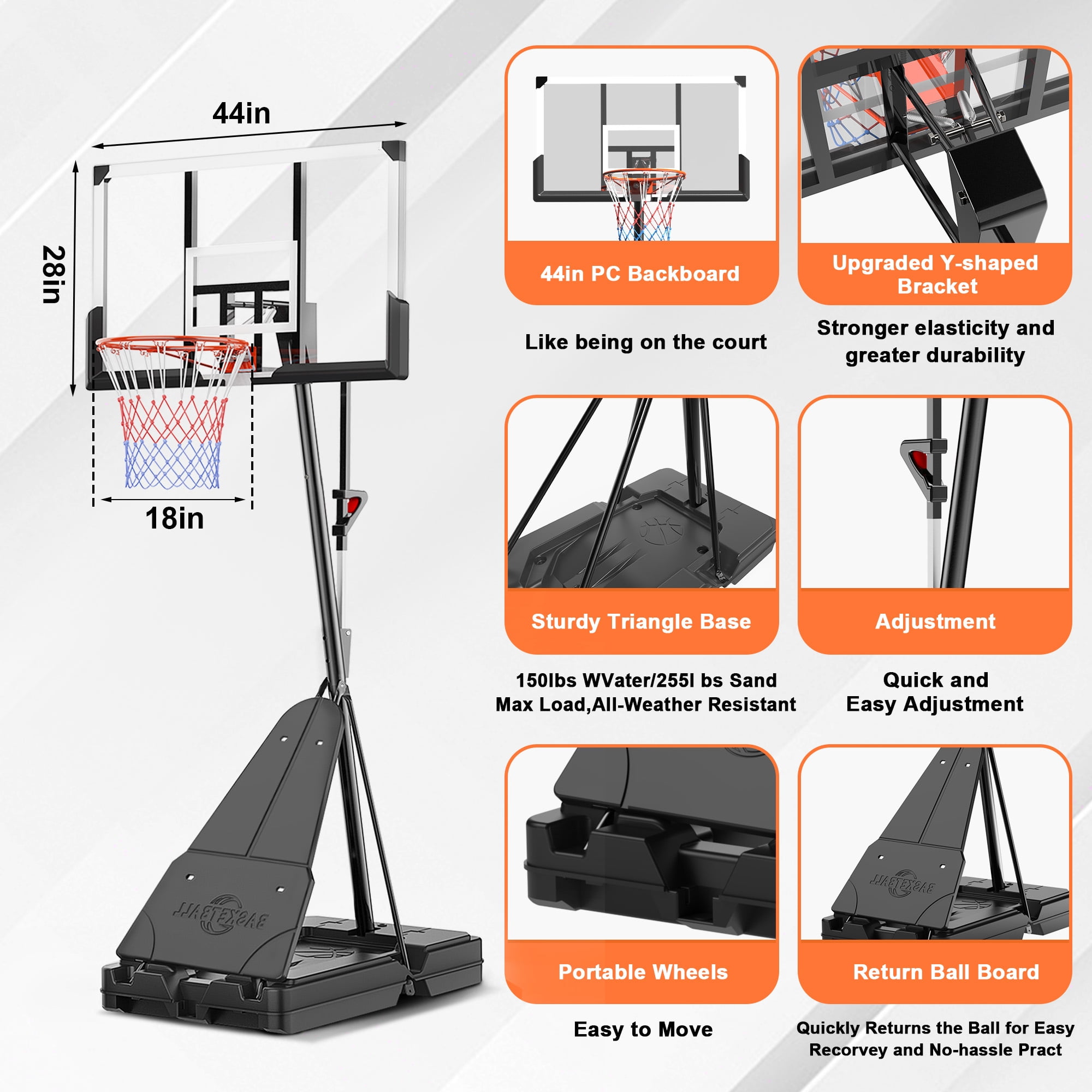 Fenbeli 44 Inch Portable Basketball Hoop Outdoor Indoor, 5.25-10FT Adjustable Height, Shatterproof PC Backboard, 150 LBS Fillable Base, Basketball Goal System for Kids Teens Adults Backyard/Driveway