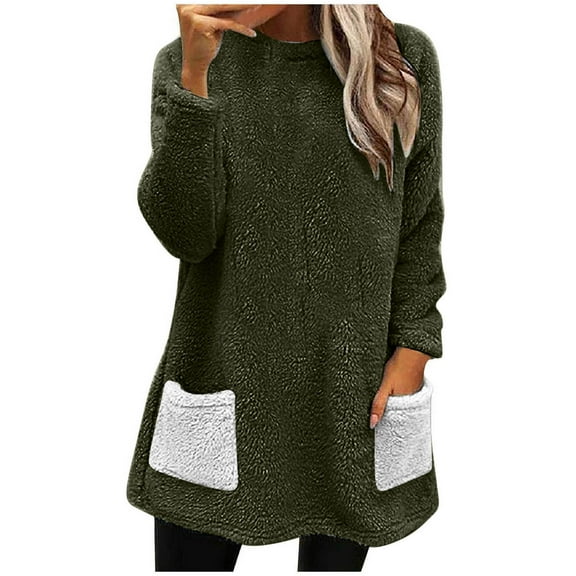 Patlollav Womens Round-Neck Winter Warm Tops Loose Solid Pocket Long Sleeve Blouse