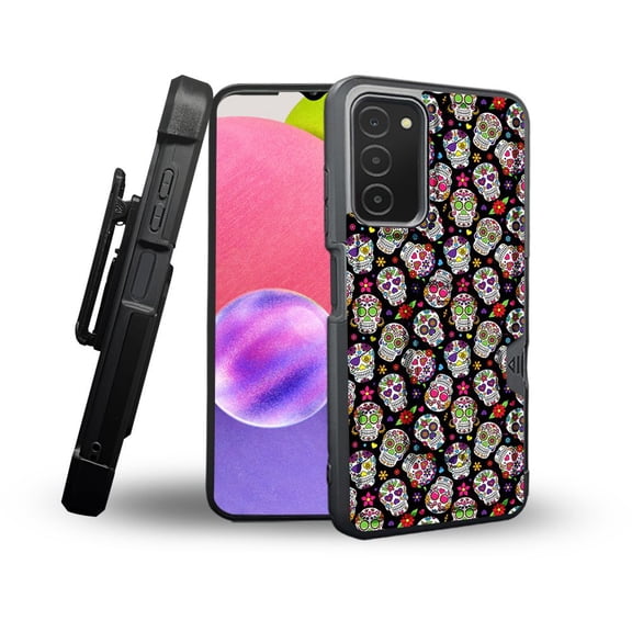 ANJ  Rugged Shockproof Holster Case Card Slot Kickstand   Tempered Glass Cover for Samsung Galaxy A03s - Candy Skulls