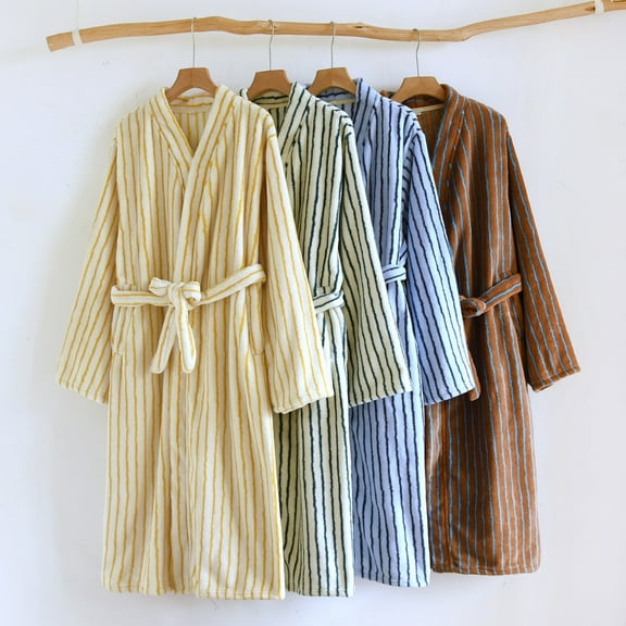Aboser Womens Fleece Kimono Robes with Pockets Trendy Striped Loungewear Loose Long Sleeve Bathrobes Comfy Plush Long Towel Robe Soft Casual Belt House Wear Blue M