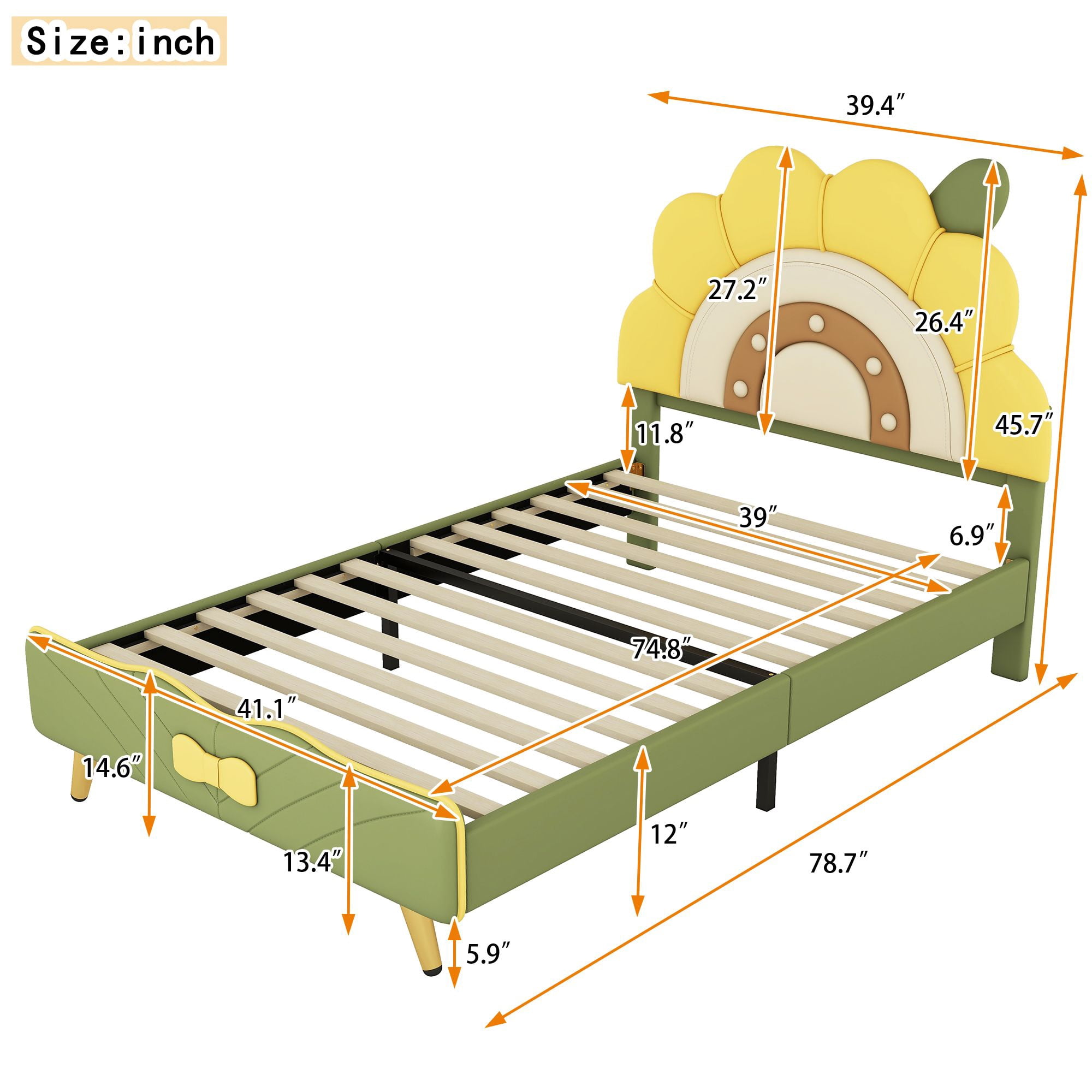 Aukfa Twin Upholstered Bed Frame, Cartoon Bed with Sunflower Shape Headboard for Kids, Green